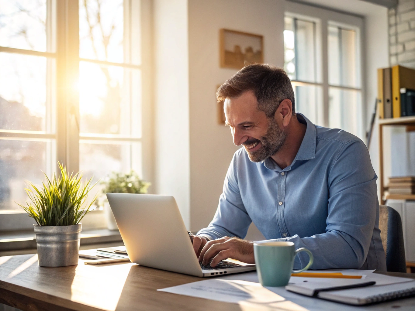 Small business owner reviewing a modern custom website layout on a laptop